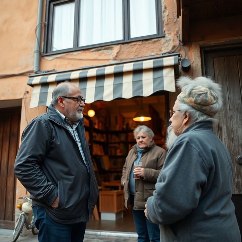 A founder talking with elderly neighbourhood residents outside the shopfront