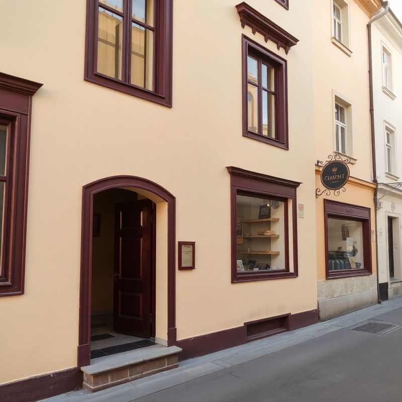 Highland Mercer cream-walled shopfront with burgundy window frames on a quiet Timișoara side street